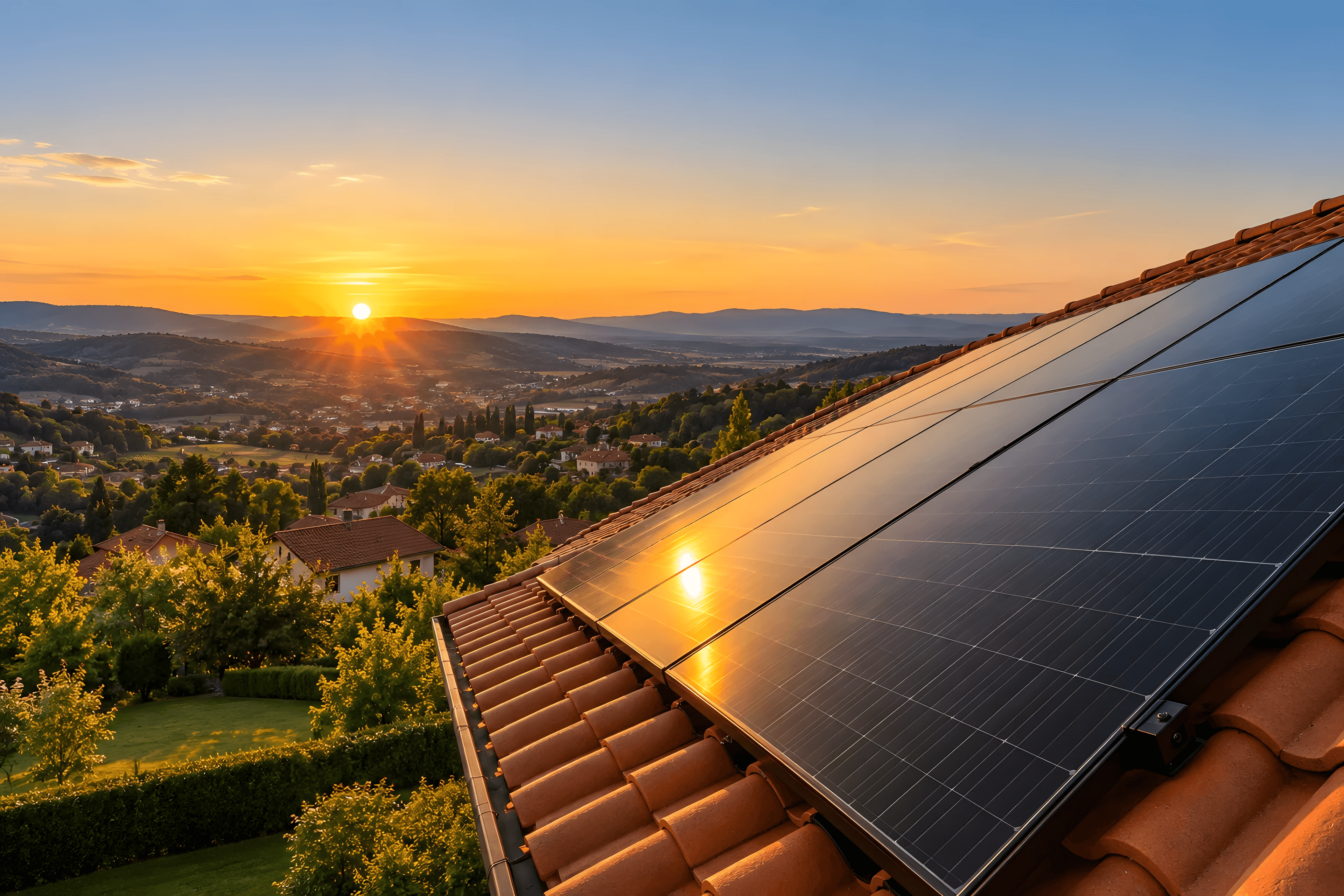 Obiteljska kuća sa solarnom elektranom u zelenom krajoliku