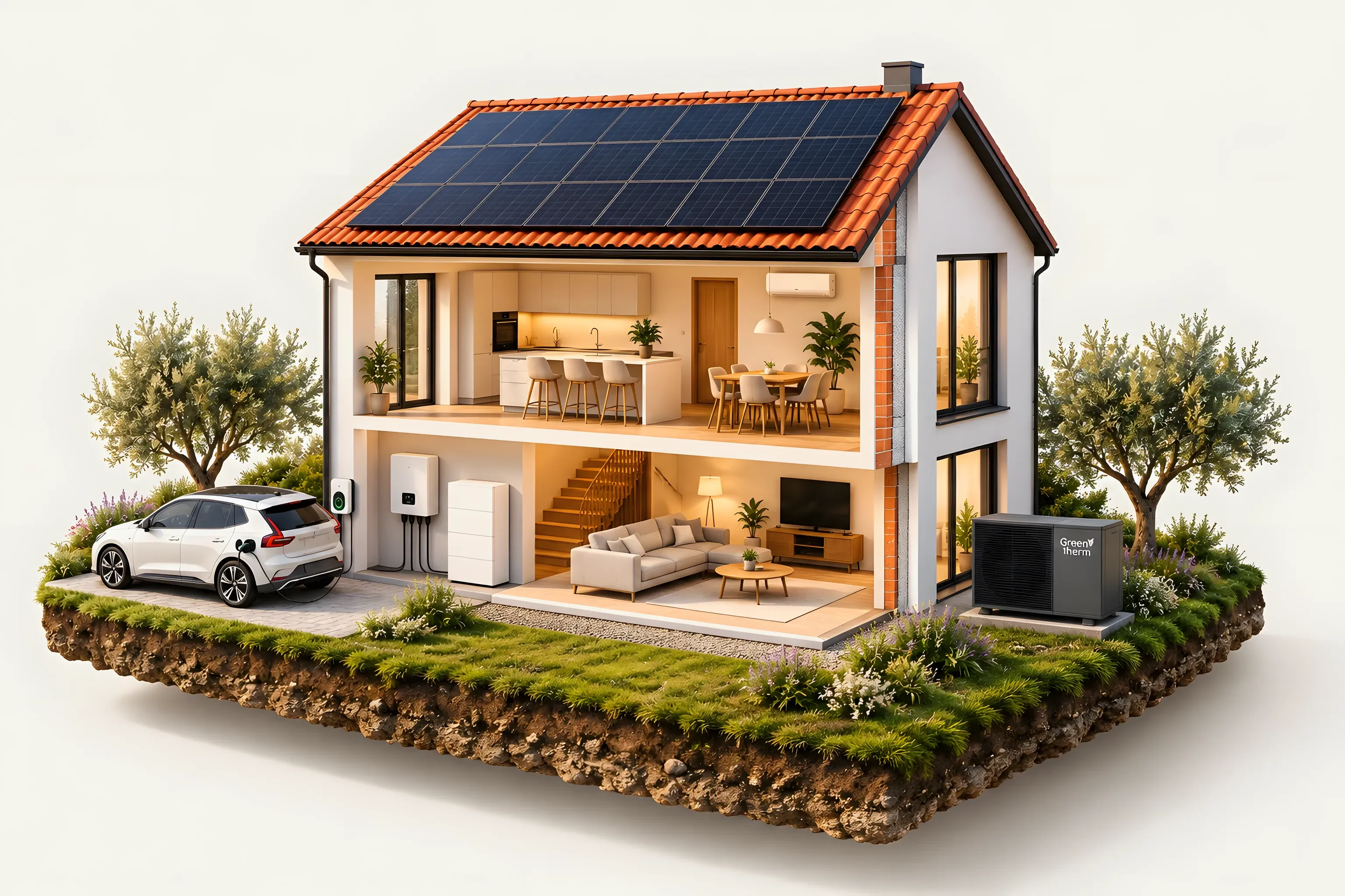 Presjek obiteljske kuće sa solarnim panelima, novom stolarijom, izoliranom fasadom, klima uređajem, izmjenjivačem, baterijom, dizalicom topline i punjačem za električni auto